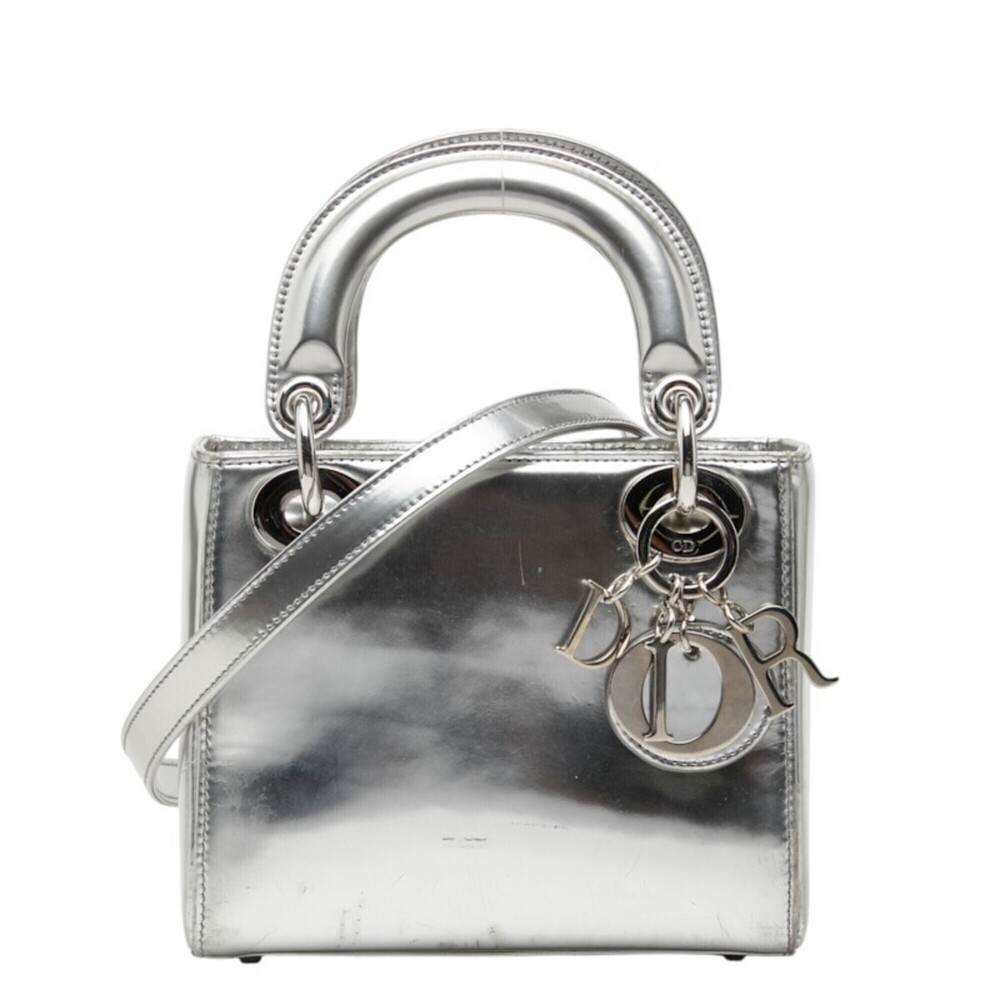 Christian Dior Dior Lady Mini Handbag Shoulder Bag 2-Way Silver Patent Leathe...